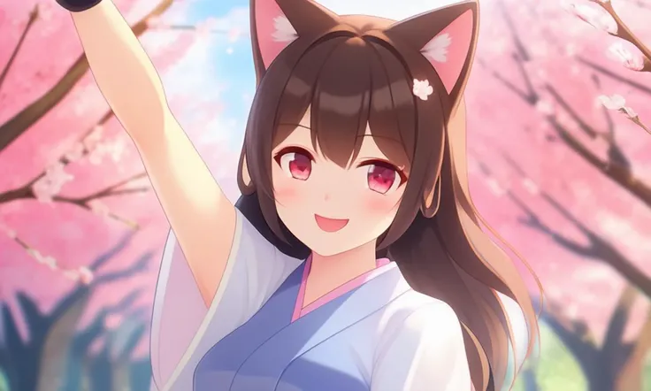 extremely aesthetic, best quality, newest, 1girl, solo, looking at viewer, blush, slight smile, cat ears, waving, armpits, cherry blossoms, depth of field,