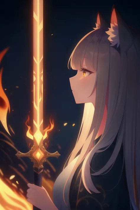 1girl, solo, very aesthetic, best quality, newest, looking at viewer, straight hair, depth of field, from side, looking down, rim lighting, cat ears, fire, holding sword,