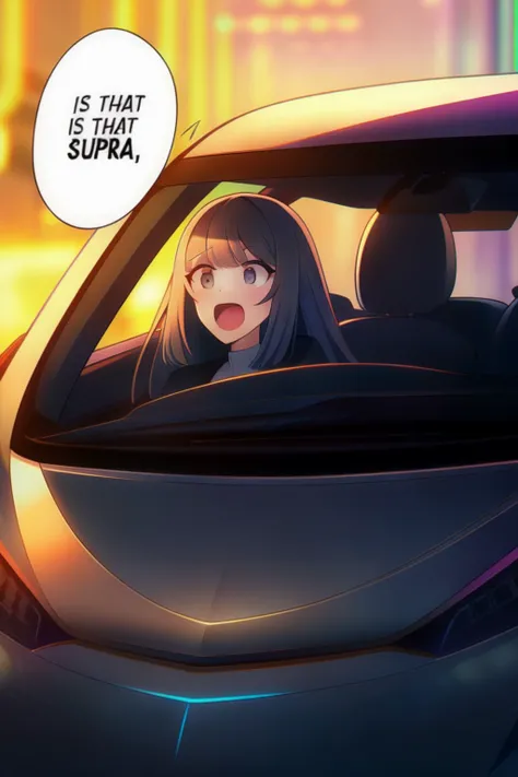 1girl, solo, speech bubble, english text, text "IS THAT A SUPRA?", very aesthetic, best quality, newest, looking at viewer, surprised, excited, straight hair, car, "SUPRA",