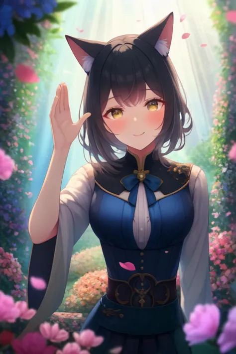 extremely aesthetic, best quality, newest, 1girl, solo, looking at viewer, blush, slight smile, cat ears, scenery, flowers, petals, vegetation, wind, light rays, waving,