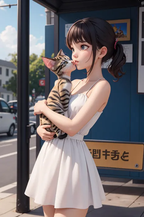 a woman in a white dress holding a cat on a city street