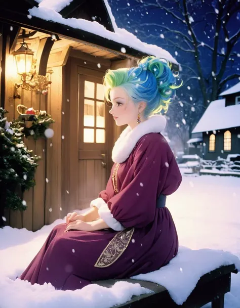 (by Nicholas Hilliard:1.0) , Cosplay Photograph, Drawing, Shy (Female:1.2) Sitting at a Townhouse, Shepherd, Multicolor hair styled as Pompadour, Magical glowing hair, Snowing, Fairy-Tale, Kodak gold 200, Circular polarizer, Provia, skin pores