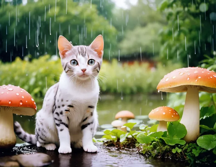 Cinematic still, Cosplay Photograph, grand, Heidelberg School, Chibi [Egyptian Mau Cat:Dachshund:1], pond and Mushroom background, Raining, short lighting, bokeh, Kodak Ektar 100, F/1.8, Autochrome, award winning