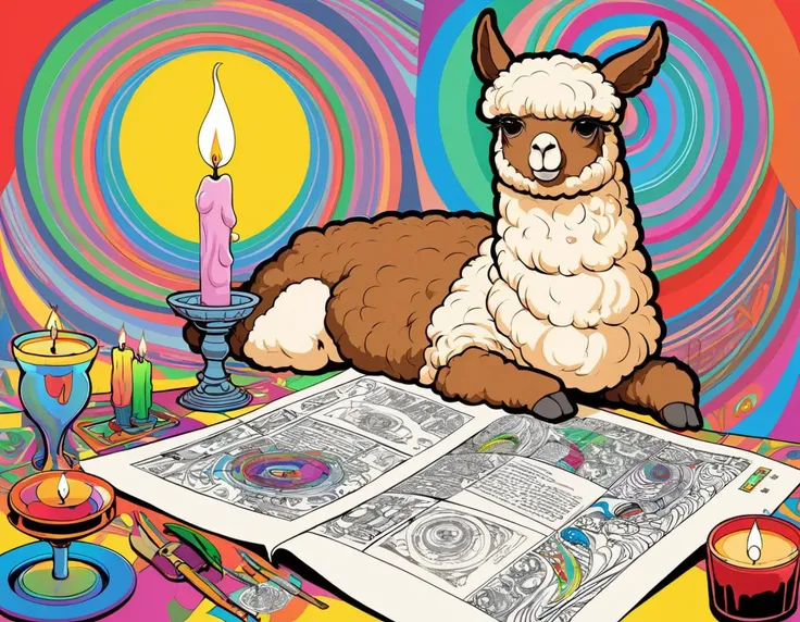 Drawing, masterpiece, Surrealism Art, Alpaca, Injured, deep focus, by Milton Glaser, Overdetailed art, Depressing, Candle light, Hypersaturated