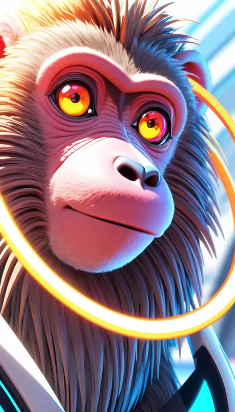 3D Rendering, mundane, close-up shot of a Futuristic Baboon, Panorama, Sun Rays, Electic Colors, (designed by Ryan Stegman:0.8)