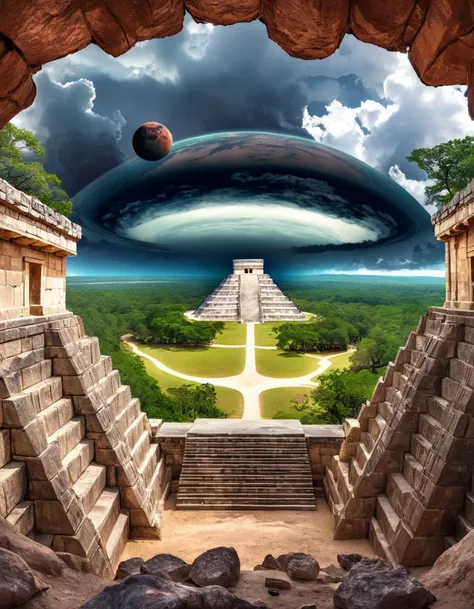 [by Coby Whitmore| Heywood Hardy], 3D Rendering, Photograph, masterpiece, landscape of a (The Underworld of Hel:1.2) from inside of a Chichen Itza, Tudor forest and Planet Mars in background, Stormy weather, Joyful, decal art, HDR, Iphone X, L USM