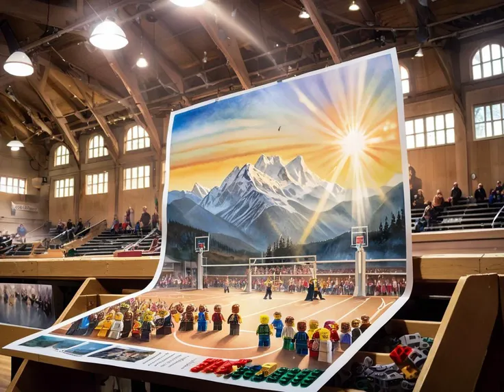 LEGO Style, Water color painting, detailed of a (Gymnasium:1.3) , the Gymnasium is Untidy, in a Viking setting, mountains, Bokeh, art by Melvin Sokolsky, ultrafine detailed, Lens Flare, Offset print