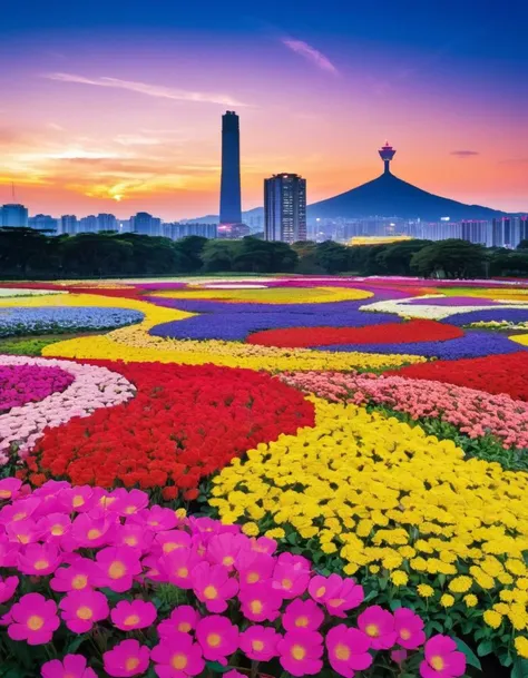 [by Patrick Heron and Thurston Hopkins::6], Color splash, fractal manifold of a landscape of a Futuristic (Taipei:1.2) and Archean Power plant, flower field, at Sunrise, gilded technique