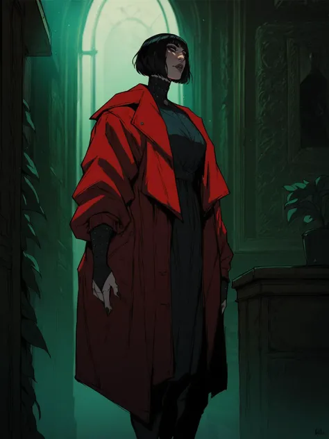adult woman, black hair, bob cut, gothic, heavy dark make up, standing, indoors, red fur coat, <lora:AshTALYN_SOD3:0.8>, score_9, score_8_up, score_7_up