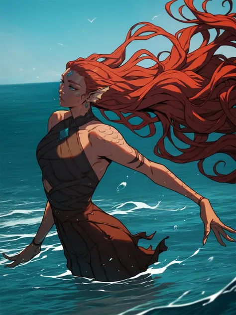 1girl, siren, alluring beauty, blue eyes, red hair, long hair, water, wind, ocean, <lora:AshTALYN_SOD3:0.8>, score_9, score_8_up, score_7_up