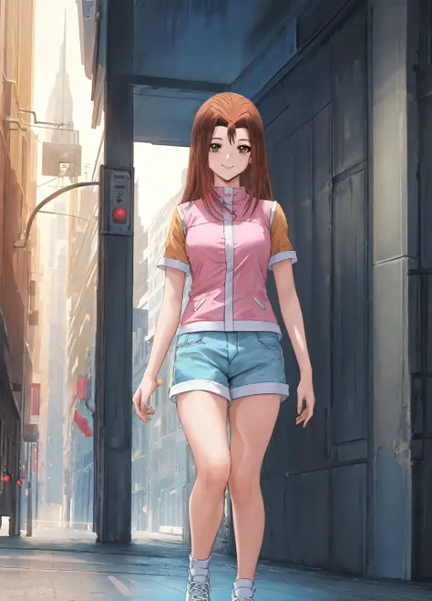 masterpiece, best quality, extremely delicate and beautiful, highres, original, <lora:SerenityV1:0.8>, serenitydm, long hair, brown hair, pink shirt, gray eyes, dueldisk, city, solo, smile, full body, blue shorts, blue sneakers, standing,