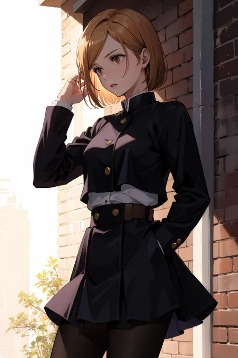 anime girl in uniform standing in front of a brick wall