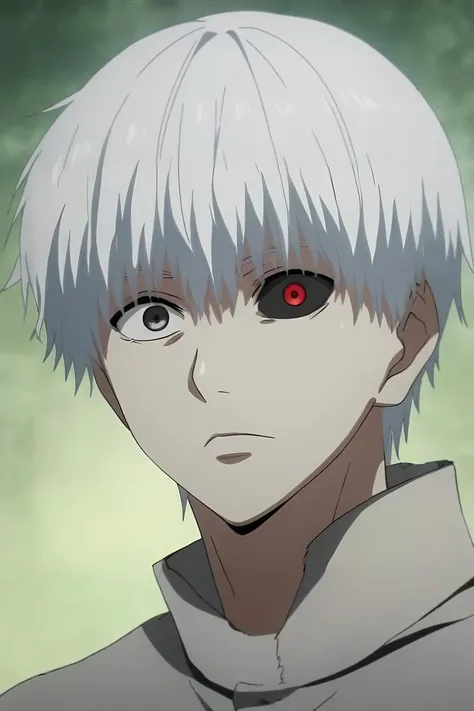 a close up of a person with white hair and red eyes