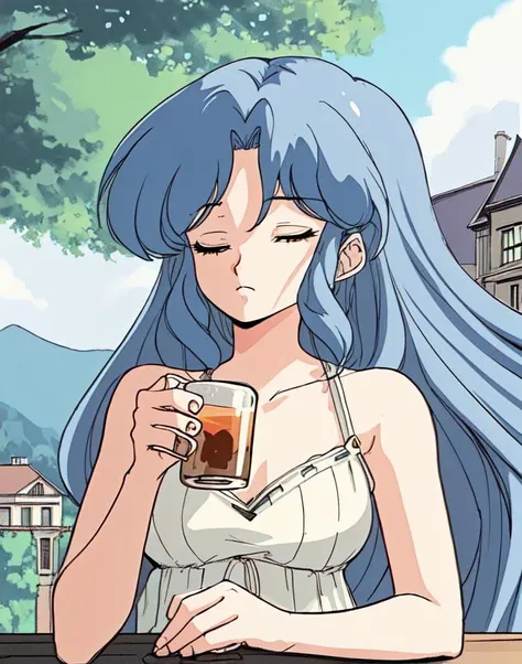 b-ko, 1girl, solo, closed eyes, upper body, blue hair, long hair, curled bangs, cream summer dress, outdoors,  drinking tea, mansion in background, 80s theme, <lora:Project_A-Ko-000013:1>