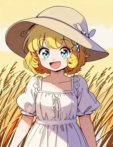 c-ko, 1girl, upper body, short hair, blonde hair, cute, wearing summer clothes, hat, standing in a wheatfield in the alps, overly happy, big eyes,  <lora:Project_A-Ko-000013:1>