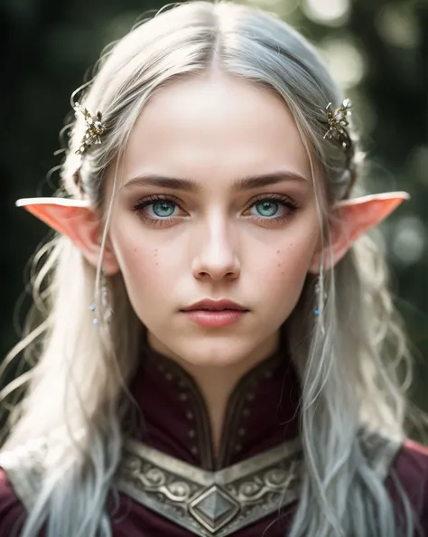 (detailed face, detailed eyes, clear skin, clear eyes), lotr, fantasy, elf, female, silver hair, looking at viewer, portrait, photography, detailed skin, realistic, photo-realistic, 8k, highly detailed, full length frame, High detail RAW color art, piercin...