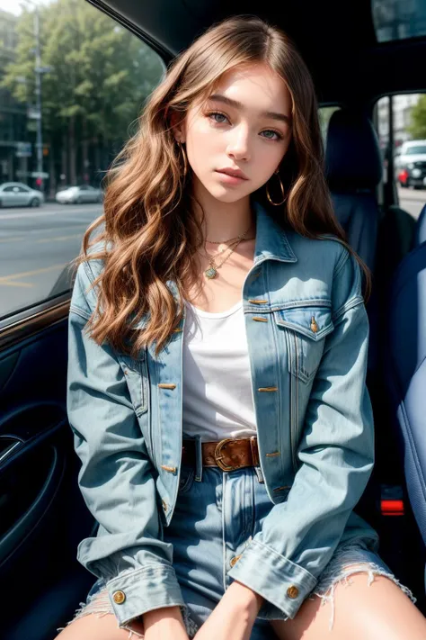 (masterpiece, best quality), intricate details, a woman sitting in the passenger seat of a car, instagram, realism, hailee steinfeld, portrait sophie mudd, denim jacket, night!, posing elegantly over the camera, concert, aleksander rostov, feature, ariana ...