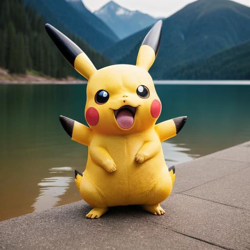 high quality, realistic,pokemon pikachu (creature)+, no humans, solo, open mouth, blurry, standing, full body, smile, tongue, looking at viewer, indoors, background lake, lightning