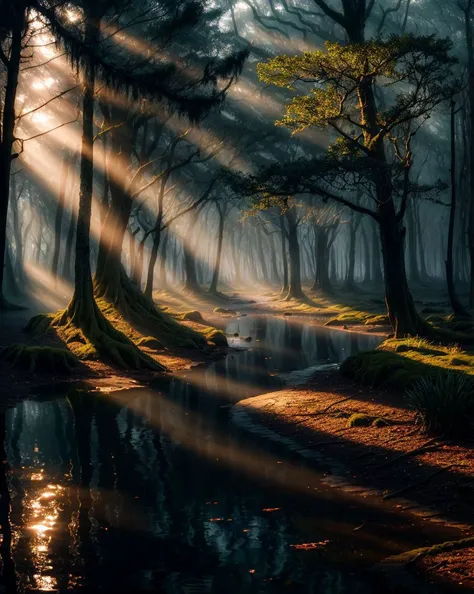 a view of a stream running through a forest with sunbeams