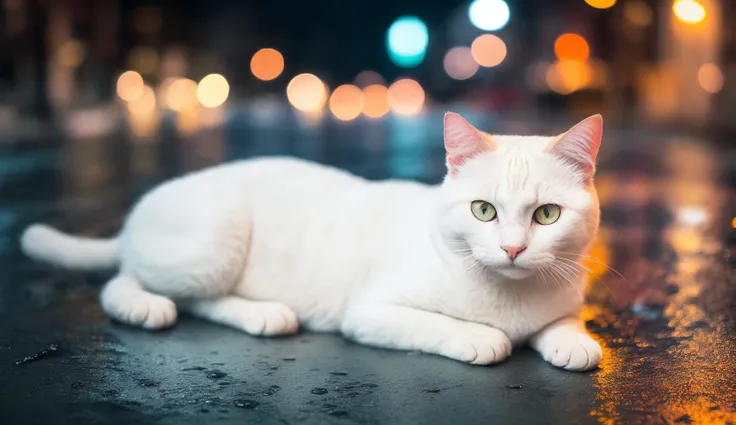 (a close up:1.2) of a  white fat cat laying on the ground,( rainy streets in the background:1.2),ultra detailed fur,(night:1.2),(depth of field:1.1),night town,cinematic shot,emphasis lines,explosion,motion blur,night,no humans,,outdoors,(rain:1.2),realist...