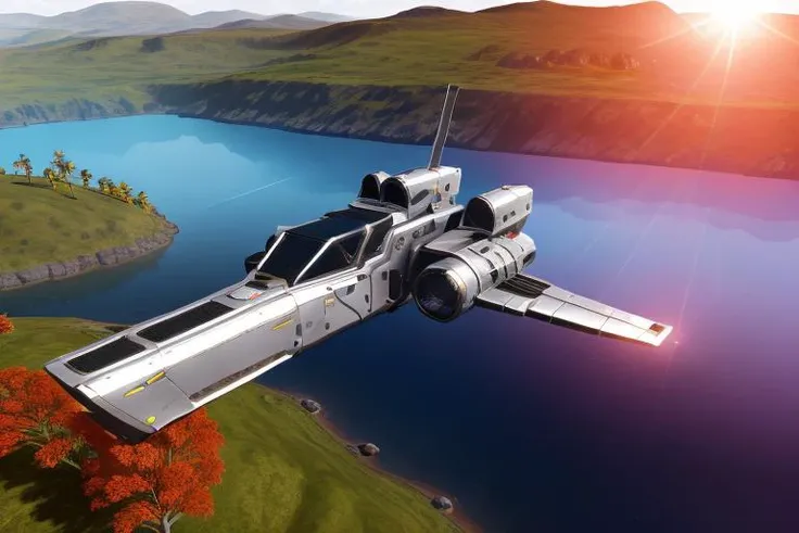 a (metallic silver:1.4) sci-fi fighter starship flying over a lake, sunset, beautiful sci-fi 4k wallpaper, (bloom, lens flare, cinematic:1.3) <lora:Starships_v2:0.6>