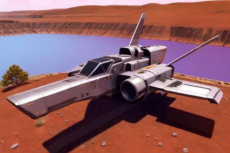 a (metallic silver:1.4) sci-fi fighter starship flying over a lake, sunset, beautiful sci-fi 4k wallpaper <lora:Starships_v2:0.6>