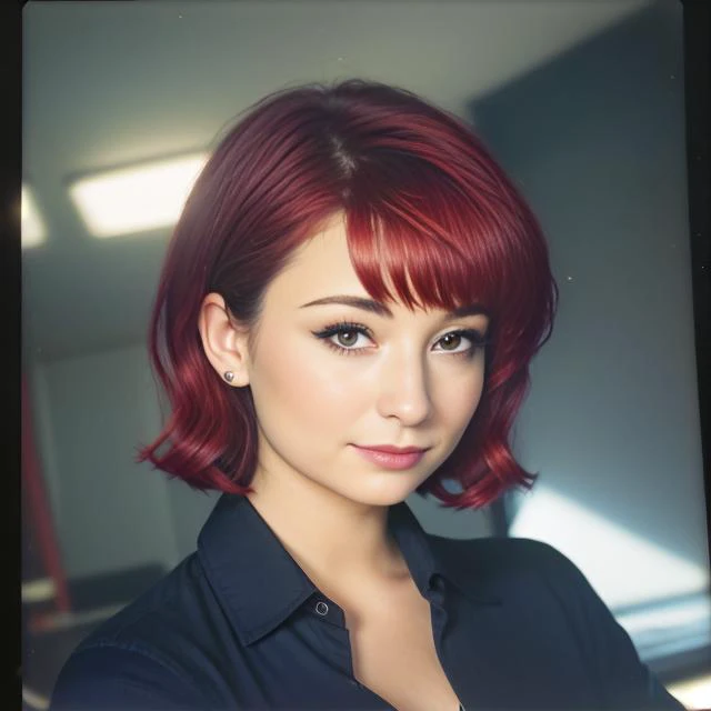 (dark)++, grainy fuji velvia 800 photograph with, 85mm, (polaroid)++ of a modest Milana Vayntrub sitting seductively in a office, eyeliner, nosering, light shining on the back of her hair, (wearing a suit and unbuttoned shirt)+, rule of thirds, zoomed in, ...