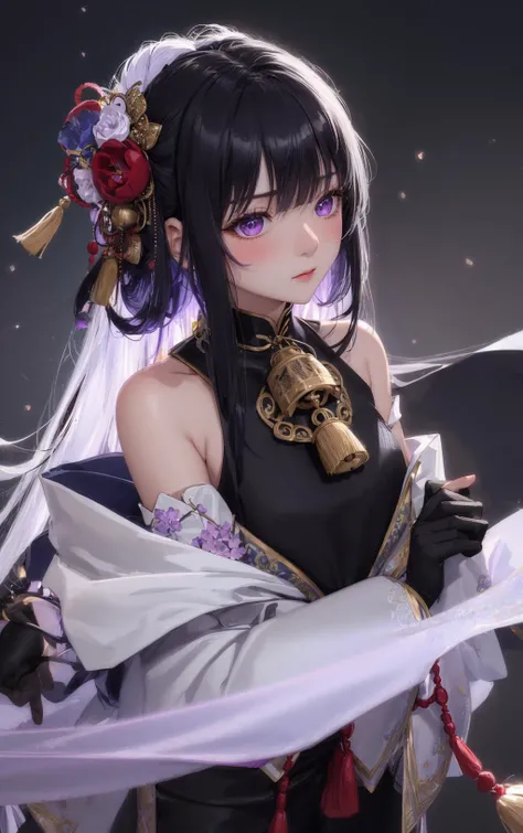 full shot of Ganyu,
detailed face, detailed skin, skin pores,
big purple eyes, long lashes, ahoge, sidelocks, blush, bangs,
closed Japanese dress, bare shoulders, black gloves, detached white sleeves, black pantyhose, flower knot, Chinese knot, neck bell, ...