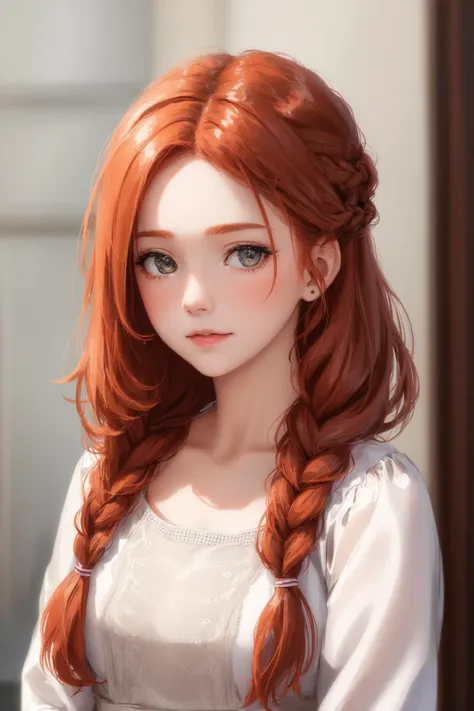 a girl, ginger hair,
a French braid, the braid over a shoulder,
(professional photo portrait), (perfect shot), (high resolution)