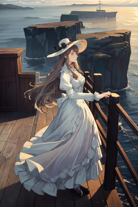 a beautiful victorian woman standing on a pier. looking out wistfully over the sea. wide-brimmed hat. low clouds, sunset. high dynamic range.