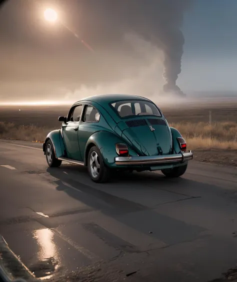 cinematic photo , realistic, best quality, masterpiece,  cinematic light, sidelighting,    fog, acidic pits, bubbling liquids, toxic fumes, treacherous terrain <lora:quiron_beetleVW_V1_Lora:0.87> beetleVWQuiron car,  . 35mm photograph, film, bokeh, profess...