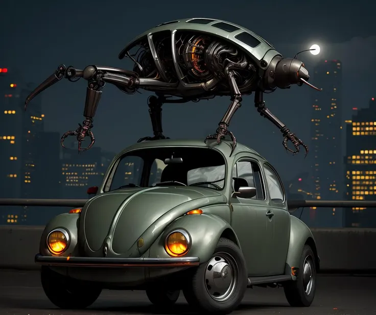 biomechanical cyberpunk ,<lora:quiron_beetleVW_V1_Lora:0.97> (beetleVWQuiron car),  a car,  (horror movie), ((nighttime)), . cybernetics, human-machine fusion, dystopian, organic meets artificial, dark, intricate, highly detailed