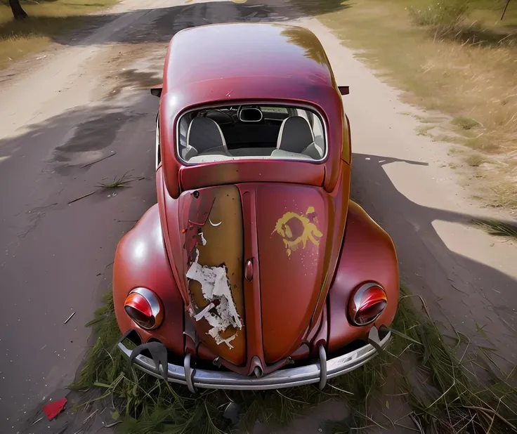 ,realistic, stock photo, photograph,<lora:quiron_beetleVW_V1_Lora:0.67> beetleVWQuiron car,  Birds Eye-View shot (Aerial type photos looking down),, , dirty ripped clothes,  dead tree, rust decorations, ripped empty sack, wrecked, trash, litter, graffiti, ...