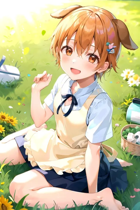 masterpiece, best quality, 1girl, <lyco:Mahiru-000009:1.0>, inami mahiru, white shirt, ribbon, apron, skirt, hairpin, embrassed, blush, (animal ears, dog ears), barefoot, knees up, sitting, looking at viewer, grass, smile, outdoors, sunlight, dappled sunli...