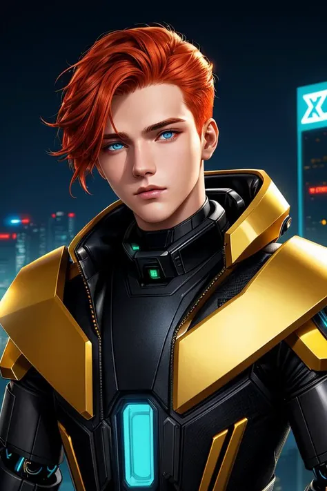 epic professional upper body headshot official art cyberpunk android young 19yo male model robot, detailed face, smooth features, ginger hair, gold PVC panels, neon-lit night city, detailed eyes