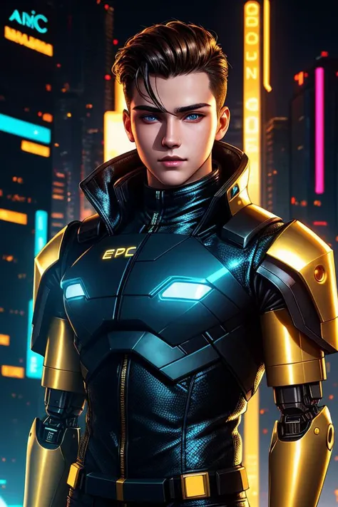 epic professional upper body headshot official art cyberpunk android young 19yo male model robot, detailed face, smooth features, brunette hair, gold PVC panels, neon-lit night city, detailed eyes