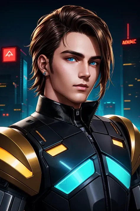 epic professional upper body headshot official art cyberpunk android young 19yo male model robot, detailed face, smooth features, brunette hair, gold PVC panels, neon-lit night city, detailed eyes