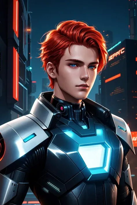 epic professional upper body headshot official art cyberpunk android young 19yo male model robot, detailed face, smooth features, ginger hair, silver PVC panels, neon-lit night city, detailed eyes