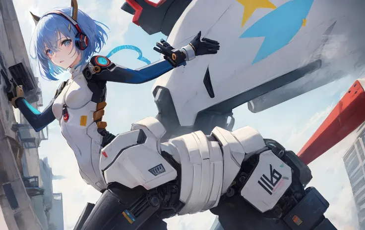 best quality,highly detailed,masterpiece,ultra-detailed,solo,1girl,(Delicate eyes),1girl, plugsuit, ayanami_rei, bodysuit, white_bodysuit, red_eyes, solo, city background, pilot_suit, (short hair:1.4), blue_hair, bangs, interface_headset, turtleneck, hair_...