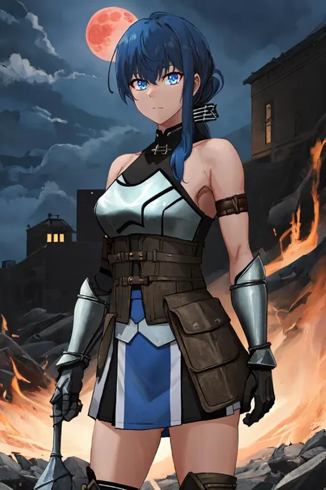 a woman in a blue dress holding a sword standing in front of a fire