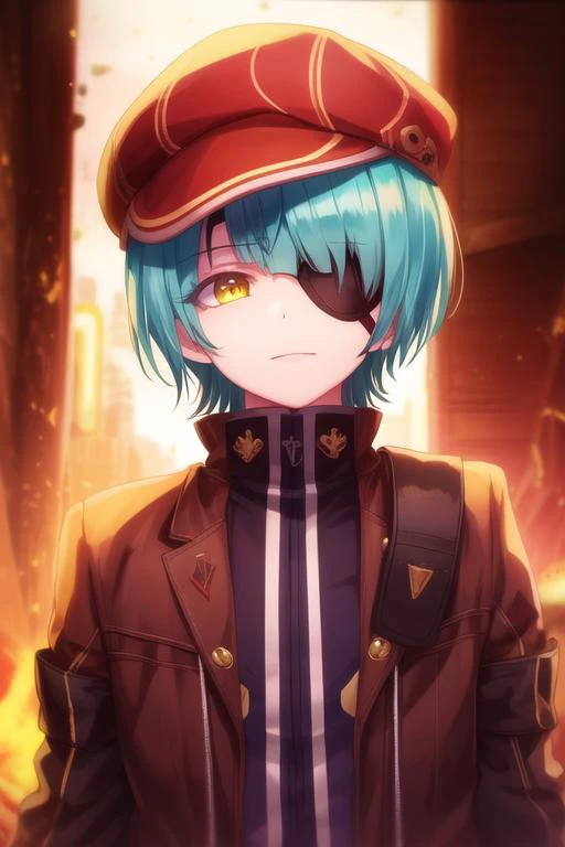 masterpiece, best quality, , 1boy, solo, male focus, looking at viewer, upper body, depth of field, <lora:yuuto_ijika:0.74>, yuuto_ijika, yellow eyes, aqua hair, eyepatch, , flat cap, cyberpunk, 32k resolution