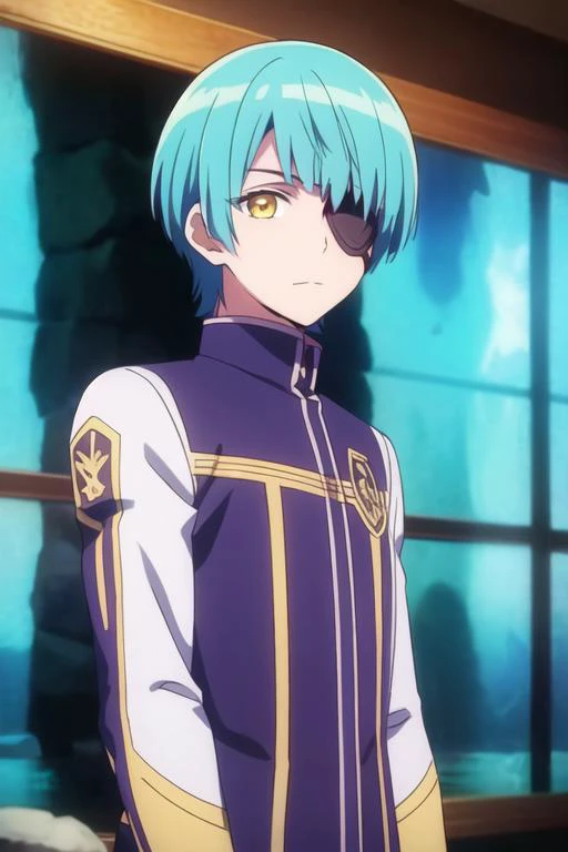 masterpiece, best quality, game cg, 1boy, solo, male focus, looking at viewer, , , <lora:yuuto_ijika:0.66>, yuuto_ijika, yellow eyes, aqua hair, eyepatch