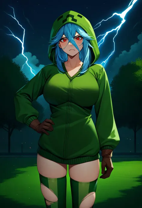 a cartoon image of a woman in a green hoodie and green pants