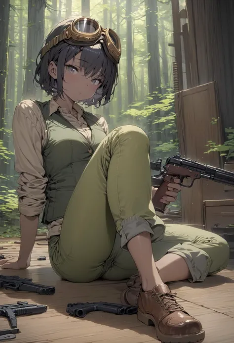 masterpiece, high quality, 1girl, sitting, short hair, black hair, grey eyes, dark skin, jeans, shirt, vest, gun, indoors, goggles, forest, green jacket, green pants, brown shoes, goggles on head, <lora:HerrscherAGGA2023_Kuroboshi_Kouhaku_V2:0.8>