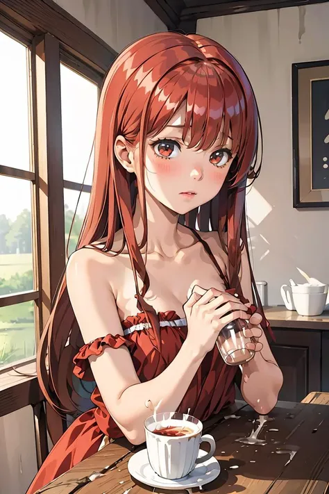 anime girl with red hair sitting at a table with a cup of coffee