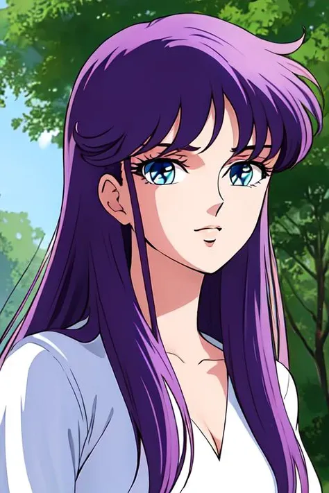 a woman with long purple hair and blue eyes standing in front of trees