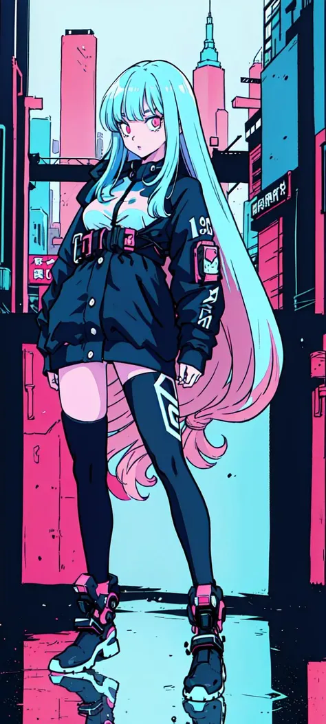 (1girl,  <lora:toriyama_akira_3:0.4>, toriyama akira), ((blue hair, very long hair, pink eyes, detailed eyes)), Barihama outfit, <lora:clothesUpdate:0.9>, ultra-detailed, (cyberpunk city, ultra-detailed), 4k, reflection, neon light signs, sexy, full body,