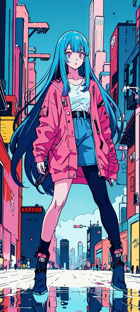 (1girl,  <lora:toriyama_akira_3:0.4>, toriyama akira), ((blue hair, very long hair, pink eyes, detailed eyes)), Barihama outfit, <lora:clothesUpdate:0.9>, ultra-detailed, (cyberpunk city, ultra-detailed), 4k, reflection, neon light signs, sexy, full body,