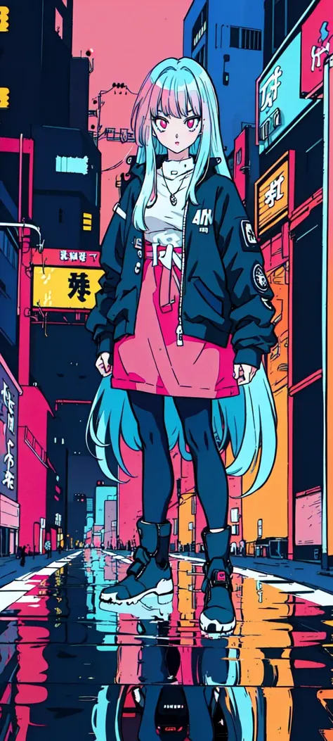 (1girl,  <lora:toriyama_akira_3:0.4>, toriyama akira), ((blue hair, very long hair, pink eyes, detailed eyes)), Barihama outfit, <lora:clothesUpdate:0.9>, ultra-detailed, (cyberpunk city, ultra-detailed), 4k, reflection, neon light signs, sexy, full body,