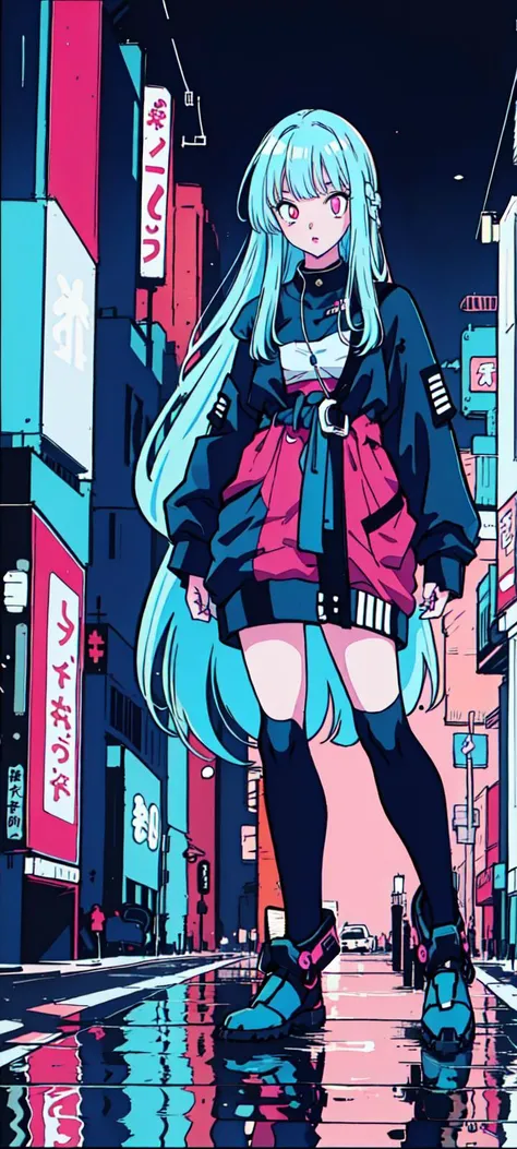 (1girl,  <lora:toriyama_akira_3:0.4>, toriyama akira), ((blue hair, very long hair, pink eyes, detailed eyes)), Barihama outfit, <lora:clothesUpdate:0.9>, ultra-detailed, (cyberpunk city, ultra-detailed), 4k, reflection, neon light signs, sexy, full body,